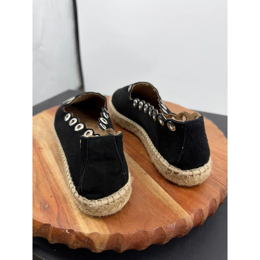 La Scarpa Paris Grommet Espadrille Flat Women 38 Black Suede Scalloped Edge